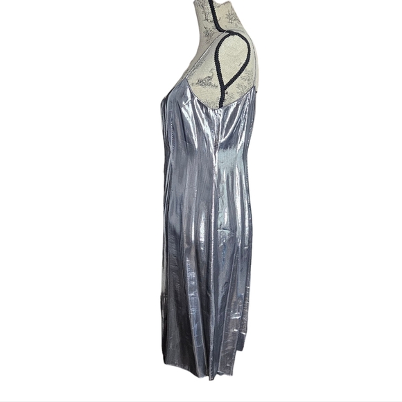 Rickie Freeman for Teri Jon Silver Metallic Slip Dress Silk Blend Size 8 - Picture 2 of 11